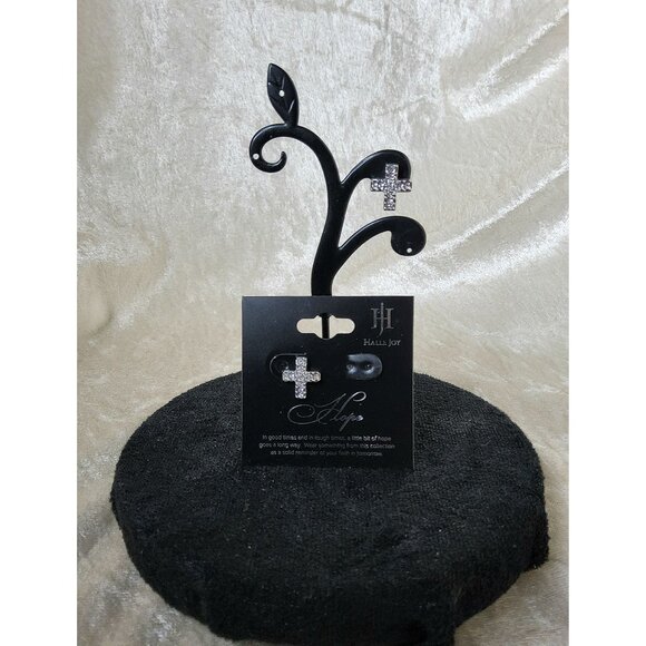 new womans halle joy hope everlasting cross clear stud push back earrings. - Picture 3 of 4
